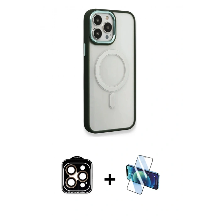 MARSİLYAN™- iPhone 14 Pro Max Kılıf Yankı Işık Özel Seri - Siyah 3D Antistatik Cam Ekran Koruyucu + Turuncu PVD Metal Kamera Lens