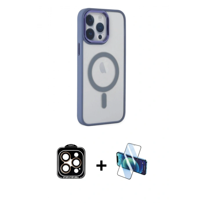 MARSİLYAN™- iPhone 14 Pro Max Kılıf Yankı Işık Özel Seri - Siyah 3D Antistatik Cam Ekran Koruyucu + Turuncu PVD Metal Kamera Lens