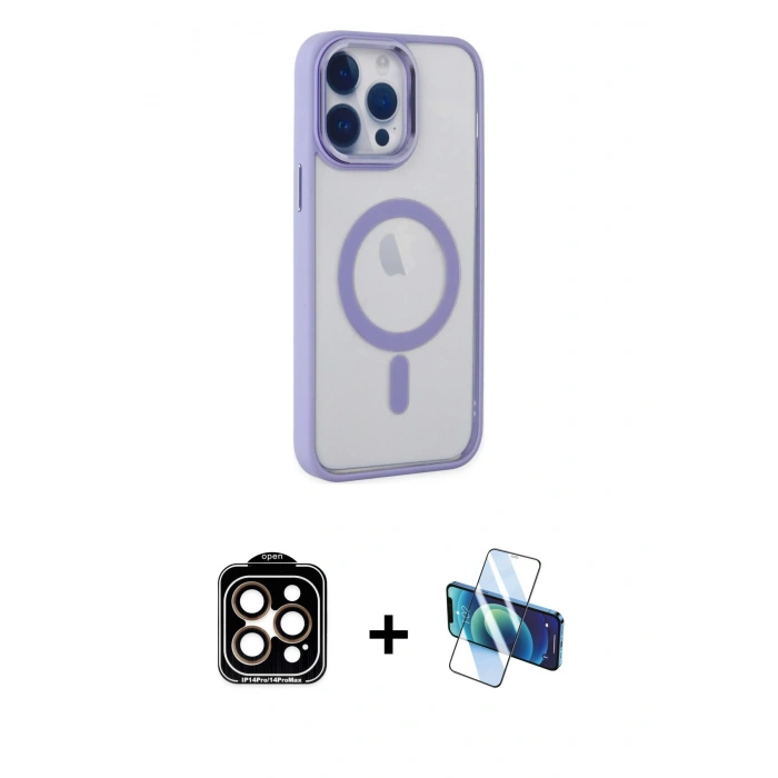 MARSİLYAN™- iPhone 14 Pro Max Kılıf Yankı Işık Özel Seri - Siyah 3D Antistatik Cam Ekran Koruyucu + Turuncu PVD Metal Kamera Lens