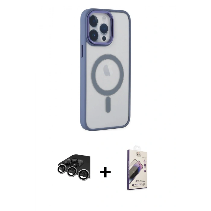 MARSİLYAN™- iPhone 14 Pro Max Kılıf Yankı Işık Özel Seri - Siyah Bilvis 3D Mat Cam Ekran Koruyucu + Raze Metal Kamera Lens - GS