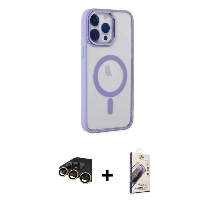 MARSİLYAN™- iPhone 14 Pro Max Kılıf Yankı Işık Özel Seri - Siyah Bilvis 3D Mat Cam Ekran Koruyucu + Raze Metal Kamera Lens - GD