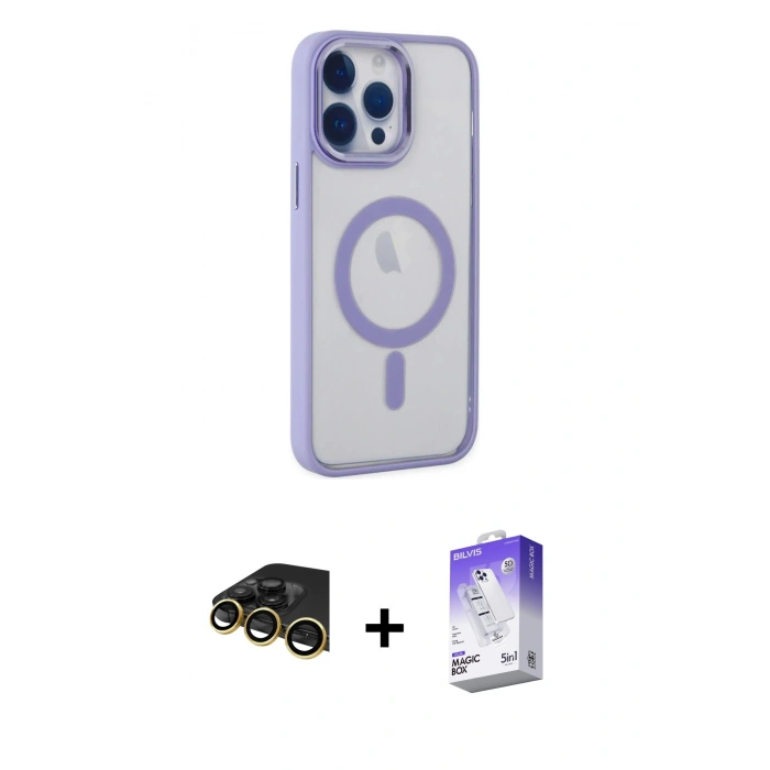 MARSİLYAN™- iPhone 14 Pro Max Kılıf Yankı Işık Özel Seri - Siyah Bilvis 5in1 3D Magic Cam Ekran Koruyucu + Raze Metal Kamera Lens - GD