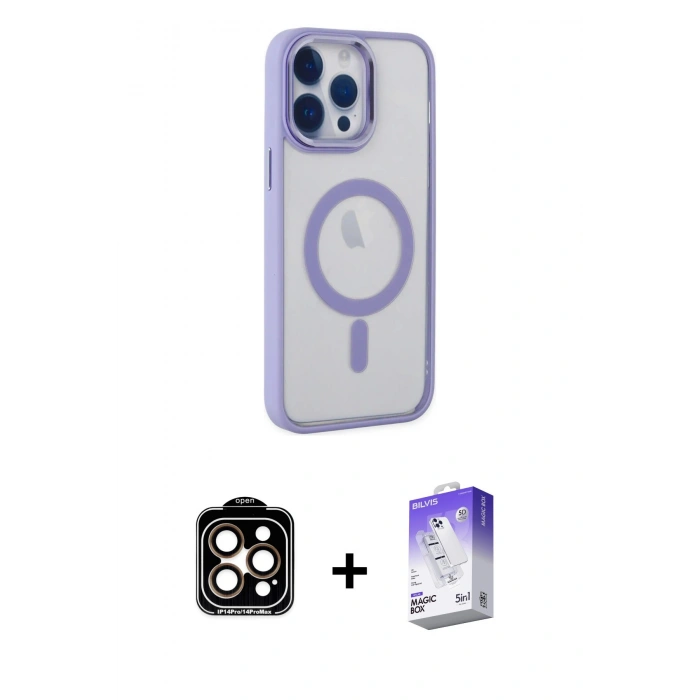 MARSİLYAN™- iPhone 14 Pro Max Kılıf Yankı Işık Özel Seri - Siyah Bilvis 5in1 3D Magic Cam Ekran Koruyucu + PVD Metal Kamera Lens - TU