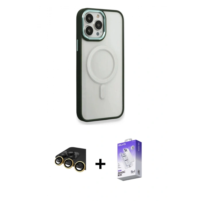 MARSİLYAN™- iPhone 14 Pro Max Kılıf Yankı Işık Özel Seri - Siyah Bilvis 5in1 3D Magic Cam Ekran Koruyucu + Raze Metal Kamera Lens - GD