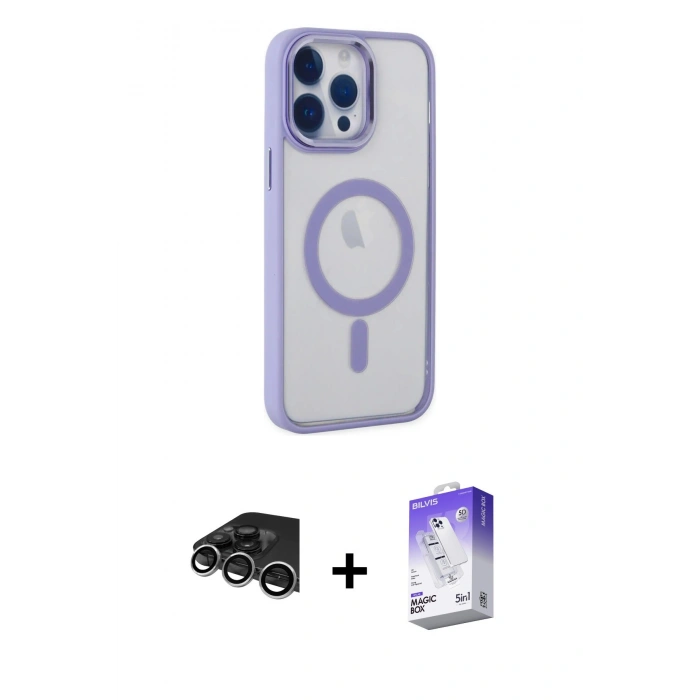 MARSİLYAN™- iPhone 14 Pro Max Kılıf Yankı Işık Özel Seri - Siyah Bilvis 5in1 3D Magic Cam Ekran Koruyucu + Raze Metal Kamera Lens - GS