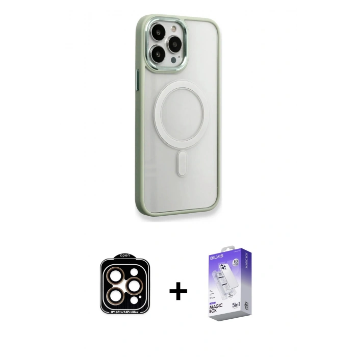 MARSİLYAN™- iPhone 14 Pro Max Kılıf Yankı Işık Özel Seri - Siyah Bilvis 5in1 3D Magic Cam Ekran Koruyucu + PVD Metal Kamera Lens - TU