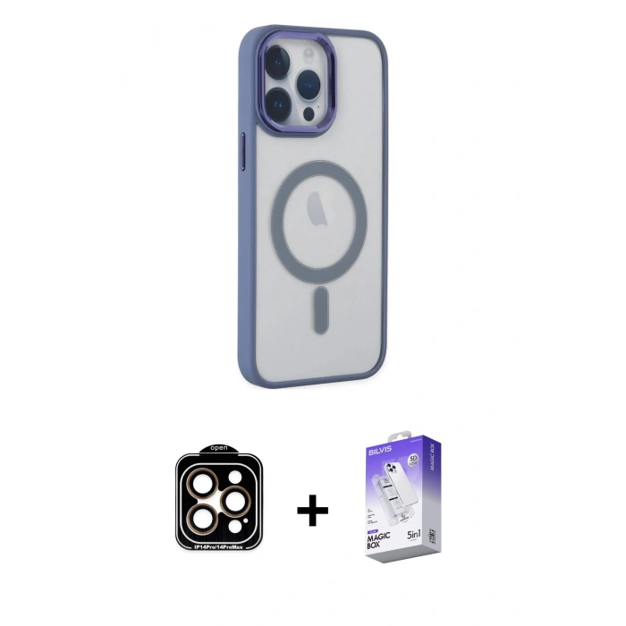 MARSİLYAN™- iPhone 14 Pro Max Kılıf Yankı Işık Özel Seri - Siyah Bilvis 5in1 3D Magic Cam Ekran Koruyucu + PVD Metal Kamera Lens - TU
