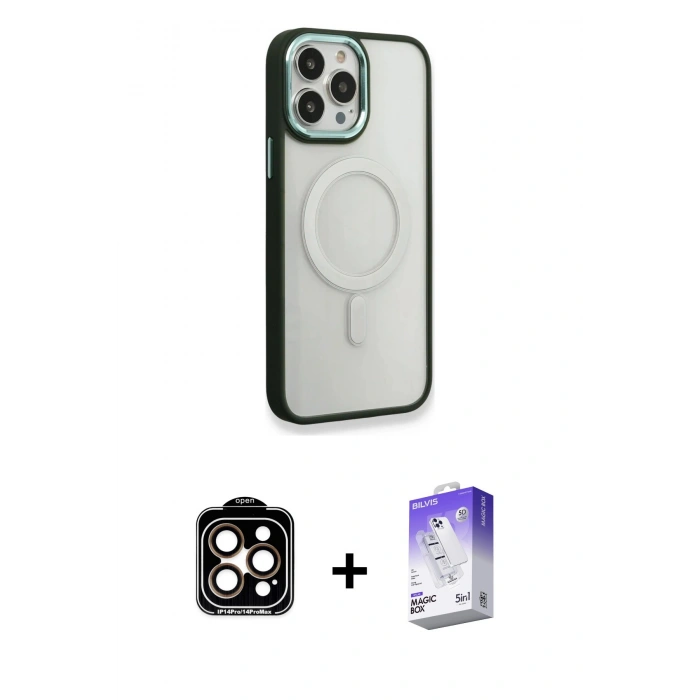 MARSİLYAN™- iPhone 14 Pro Max Kılıf Yankı Işık Özel Seri - Siyah Bilvis 5in1 3D Magic Cam Ekran Koruyucu + PVD Metal Kamera Lens - TU