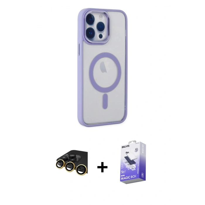 MARSİLYAN™- iPhone 14 Pro Max Kılıf Yankı Işık Özel Seri - Siyah Bilvis 5in1 5D Magic Hayalet Cam Ekran Koruyucu + Raze Metal Kamera Lens - GD