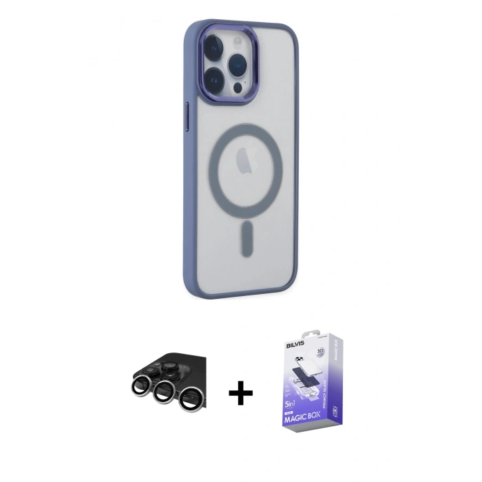 MARSİLYAN™- iPhone 14 Pro Max Kılıf Yankı Işık Özel Seri - Siyah Bilvis 5in1 5D Magic Hayalet Cam Ekran Koruyucu + Raze Metal Kamera Lens - GS