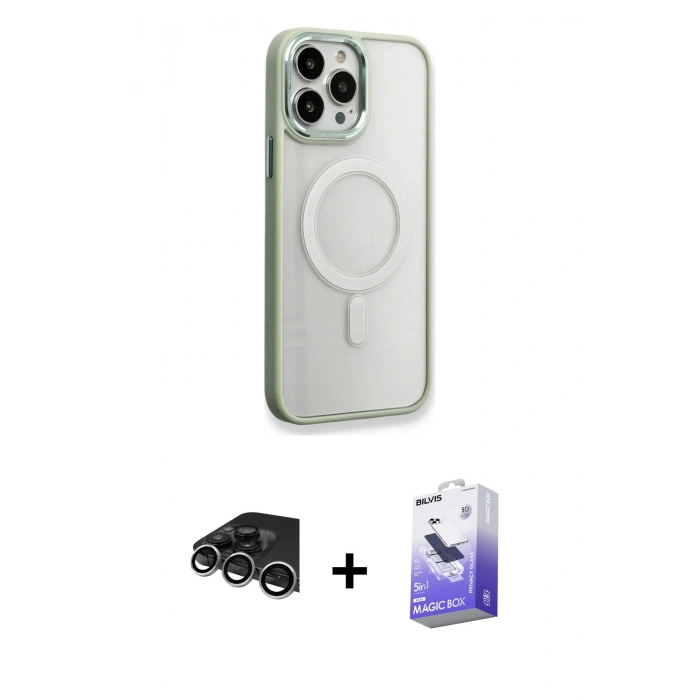 MARSİLYAN™- iPhone 14 Pro Max Kılıf Yankı Işık Özel Seri - Siyah Bilvis 5in1 5D Magic Hayalet Cam Ekran Koruyucu + Raze Metal Kamera Lens - GS