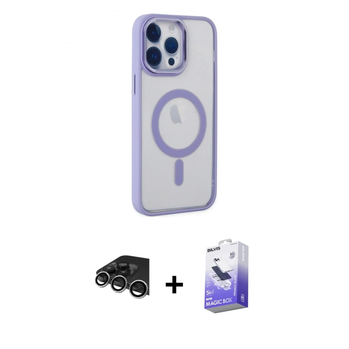 MARSİLYAN™- iPhone 14 Pro Max Kılıf Yankı Işık Özel Seri - Siyah Bilvis 5in1 5D Magic Hayalet Cam Ekran Koruyucu + Raze Metal Kamera Lens - GS