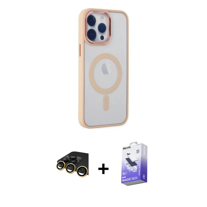MARSİLYAN™- iPhone 14 Pro Max Kılıf Yankı Işık Özel Seri - Siyah Bilvis 5in1 5D Magic Hayalet Cam Ekran Koruyucu + Raze Metal Kamera Lens - GD