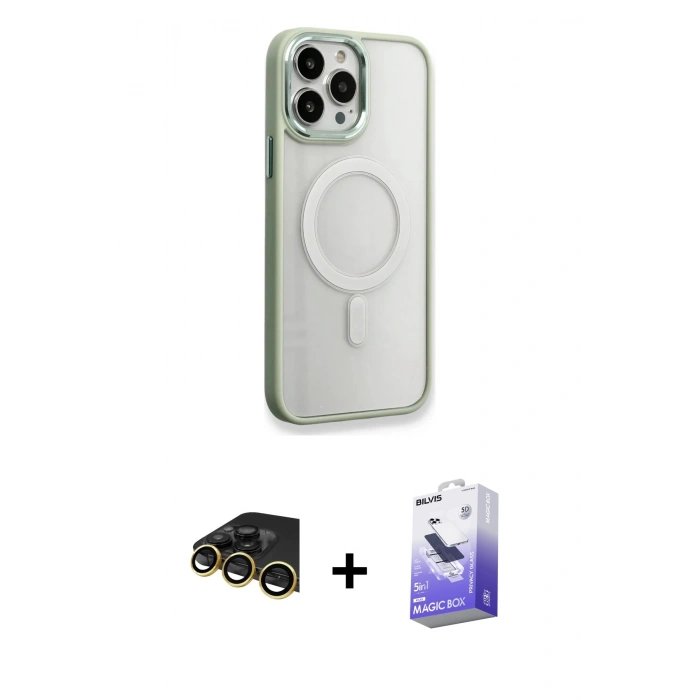 MARSİLYAN™- iPhone 14 Pro Max Kılıf Yankı Işık Özel Seri - Siyah Bilvis 5in1 5D Magic Hayalet Cam Ekran Koruyucu + Raze Metal Kamera Lens - GD