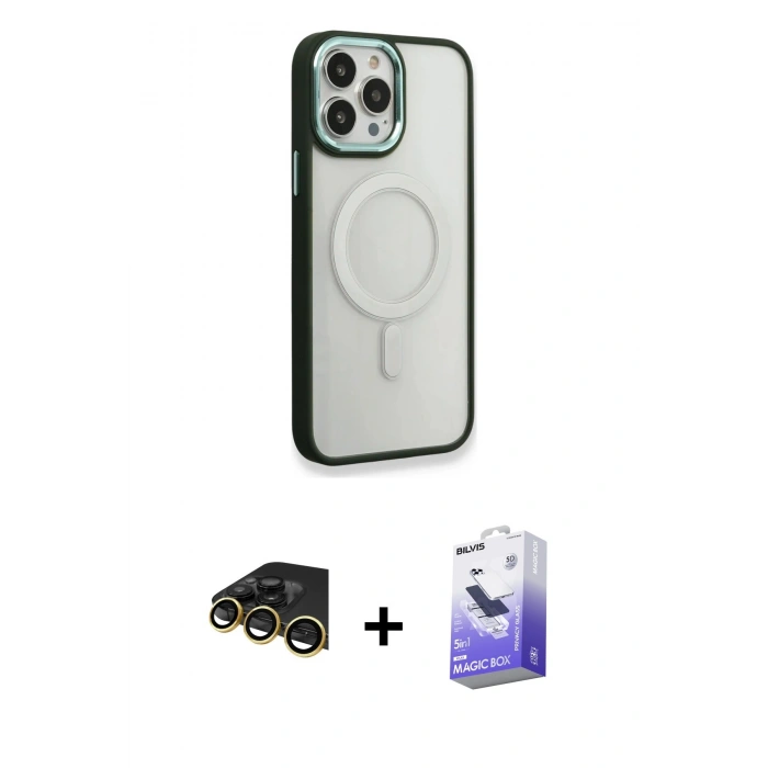 MARSİLYAN™- iPhone 14 Pro Max Kılıf Yankı Işık Özel Seri - Siyah Bilvis 5in1 5D Magic Hayalet Cam Ekran Koruyucu + Raze Metal Kamera Lens - GD