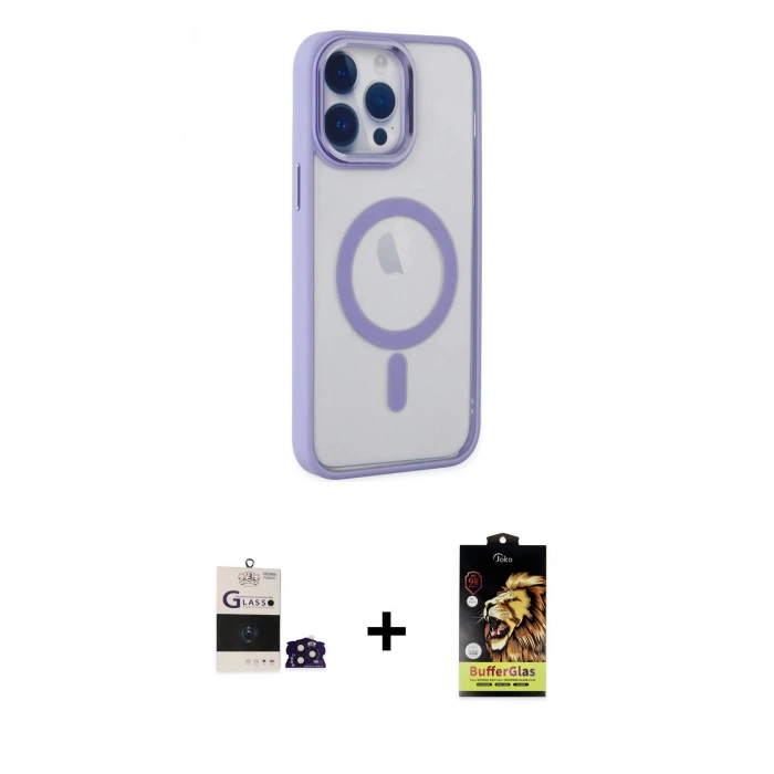 MARSİLYAN™- iPhone 14 Pro Max Kılıf Yankı Işık Özel Seri - Siyah Buffer Cam Ekran Koruyucu + Derin Mor Bilvis Titan Kamera Lens