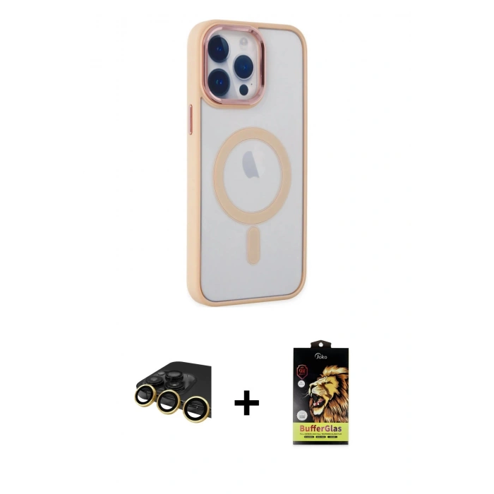 MARSİLYAN™- iPhone 14 Pro Max Kılıf Yankı Işık Özel Seri - Siyah Buffer Cam Ekran Koruyucu + Gold Raze Metal Kamera Lens