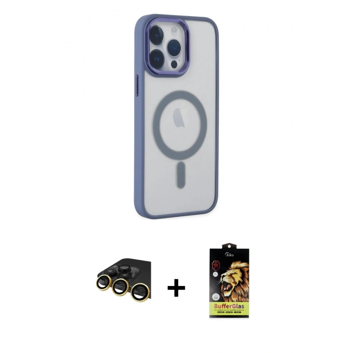 MARSİLYAN™- iPhone 14 Pro Max Kılıf Yankı Işık Özel Seri - Siyah Buffer Cam Ekran Koruyucu + Gold Raze Metal Kamera Lens