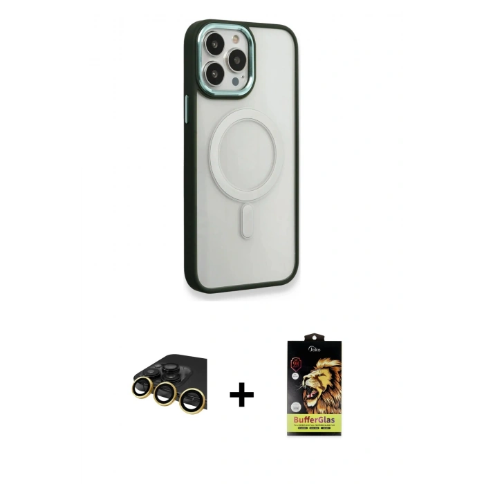 MARSİLYAN™- iPhone 14 Pro Max Kılıf Yankı Işık Özel Seri - Siyah Buffer Cam Ekran Koruyucu + Gold Raze Metal Kamera Lens