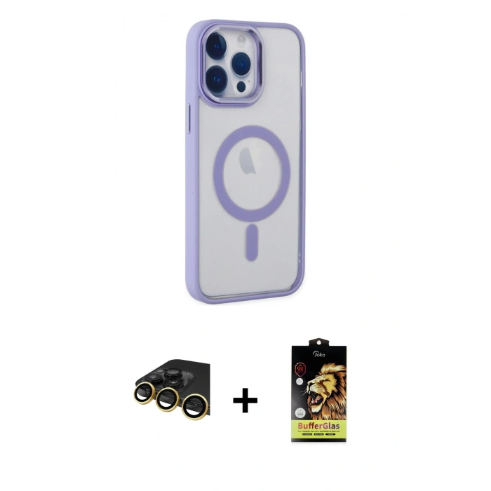 MARSİLYAN™- iPhone 14 Pro Max Kılıf Yankı Işık Özel Seri - Siyah Buffer Cam Ekran Koruyucu + Gold Raze Metal Kamera Lens