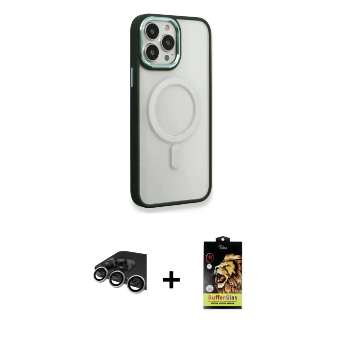 MARSİLYAN™- iPhone 14 Pro Max Kılıf Yankı Işık Özel Seri - Siyah Buffer Cam Ekran Koruyucu + Gümüş Raze Metal Kamera Lens