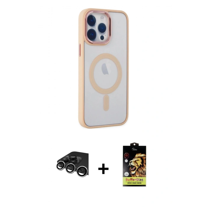 MARSİLYAN™- iPhone 14 Pro Max Kılıf Yankı Işık Özel Seri - Siyah Buffer Cam Ekran Koruyucu + Gümüş Raze Metal Kamera Lens