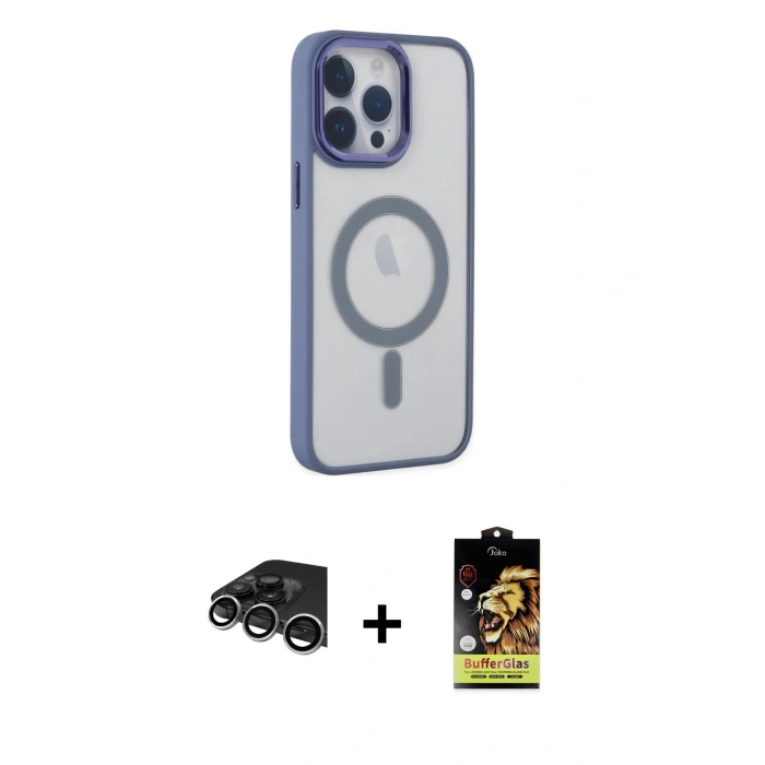 MARSİLYAN™- iPhone 14 Pro Max Kılıf Yankı Işık Özel Seri - Siyah Buffer Cam Ekran Koruyucu + Gümüş Raze Metal Kamera Lens