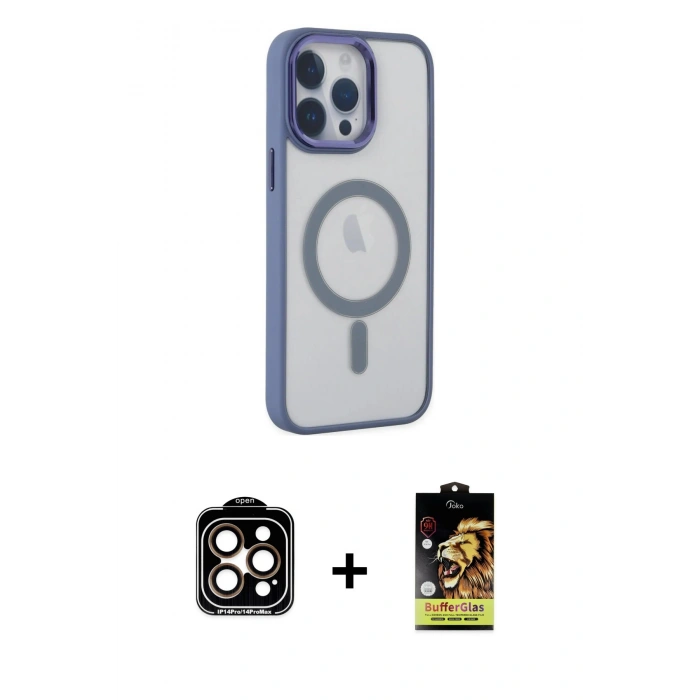 MARSİLYAN™- iPhone 14 Pro Max Kılıf Yankı Işık Özel Seri - Siyah Buffer Cam Ekran Koruyucu + PVD Metal Kamera Lens - TU