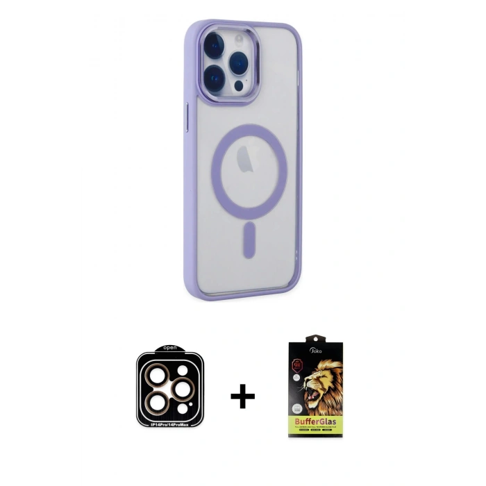 MARSİLYAN™- iPhone 14 Pro Max Kılıf Yankı Işık Özel Seri - Siyah Buffer Cam Ekran Koruyucu + PVD Metal Kamera Lens - TU
