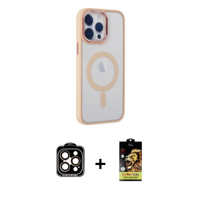 MARSİLYAN™- iPhone 14 Pro Max Kılıf Yankı Işık Özel Seri - Siyah Buffer Cam Ekran Koruyucu + PVD Metal Kamera Lens - TU