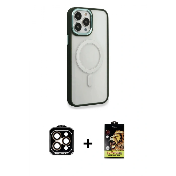 MARSİLYAN™- iPhone 14 Pro Max Kılıf Yankı Işık Özel Seri - Siyah Buffer Cam Ekran Koruyucu + PVD Metal Kamera Lens - TU