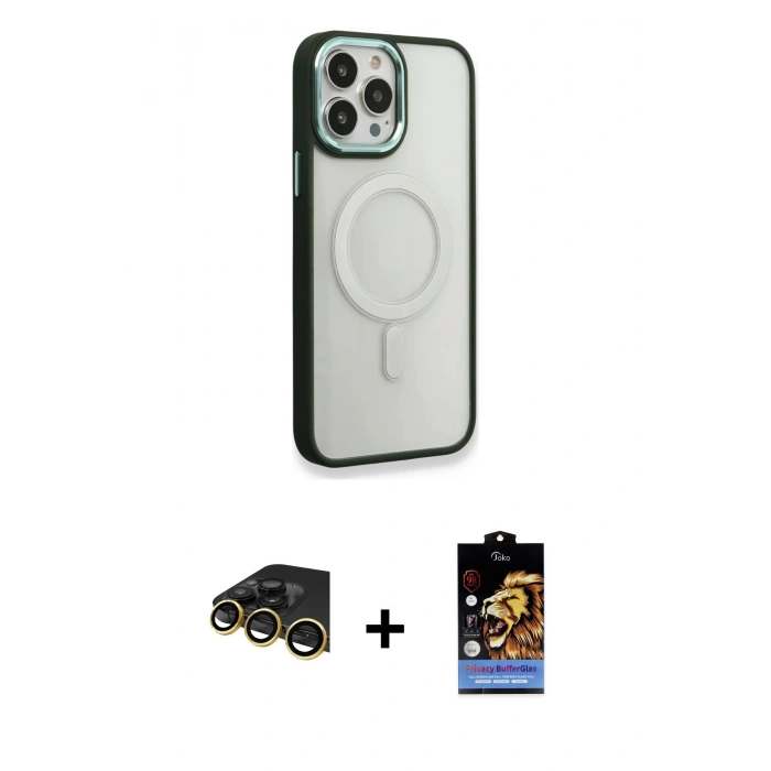 MARSİLYAN™- iPhone 14 Pro Max Kılıf Yankı Işık Özel Seri - Siyah Buffer Hayalet Cam Ekran Koruyucu + Gold Raze Metal Kamera Lens