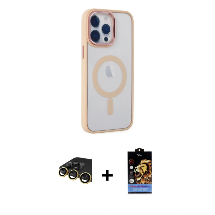 MARSİLYAN™- iPhone 14 Pro Max Kılıf Yankı Işık Özel Seri - Siyah Buffer Hayalet Cam Ekran Koruyucu + Gold Raze Metal Kamera Lens