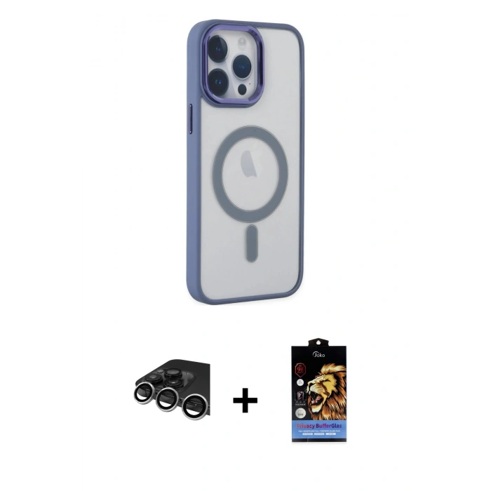 MARSİLYAN™- iPhone 14 Pro Max Kılıf Yankı Işık Özel Seri - Siyah Buffer Hayalet Cam Ekran Koruyucu + Gümüş Raze Metal Kamera Lens