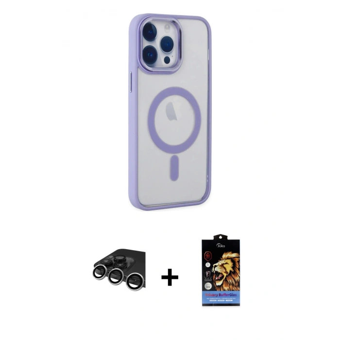 MARSİLYAN™- iPhone 14 Pro Max Kılıf Yankı Işık Özel Seri - Siyah Buffer Hayalet Cam Ekran Koruyucu + Gümüş Raze Metal Kamera Lens