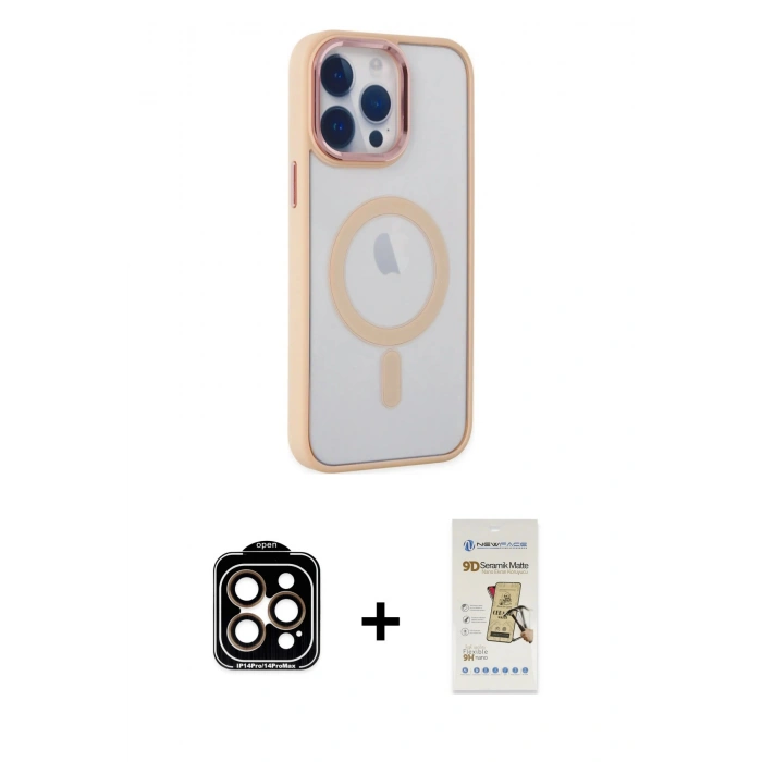 MARSİLYAN™- iPhone 14 Pro Max Kılıf Yankı Işık Özel Seri - Siyah Mat Seramik Nano Ekran Koruyucu + Turuncu PVD Metal Kamera Lens