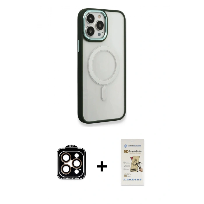 MARSİLYAN™- iPhone 14 Pro Max Kılıf Yankı Işık Özel Seri - Siyah Mat Seramik Nano Ekran Koruyucu + Turuncu PVD Metal Kamera Lens