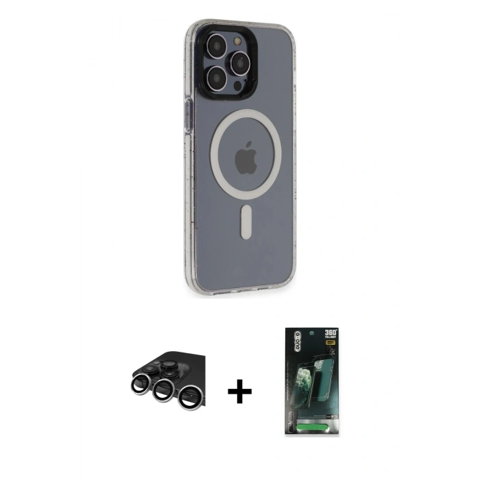 MARSİLYAN™- iPhone 14 Pro Max Kılıf Yankı Işık Prime - Şeffaf 360 Full Body Arka Koruyucu + Raze Metal Kamera Lens - GS