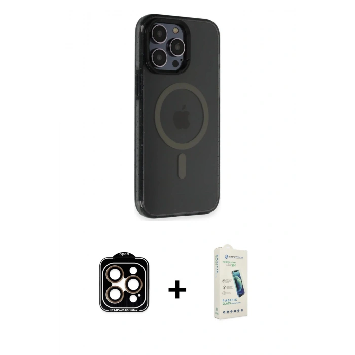 MARSİLYAN™- iPhone 14 Pro Max Kılıf Yankı Işık Prime - Şeffaf Pasifik Cam Ekran Koruyucu + PVD Metal Kamera Lens - TU