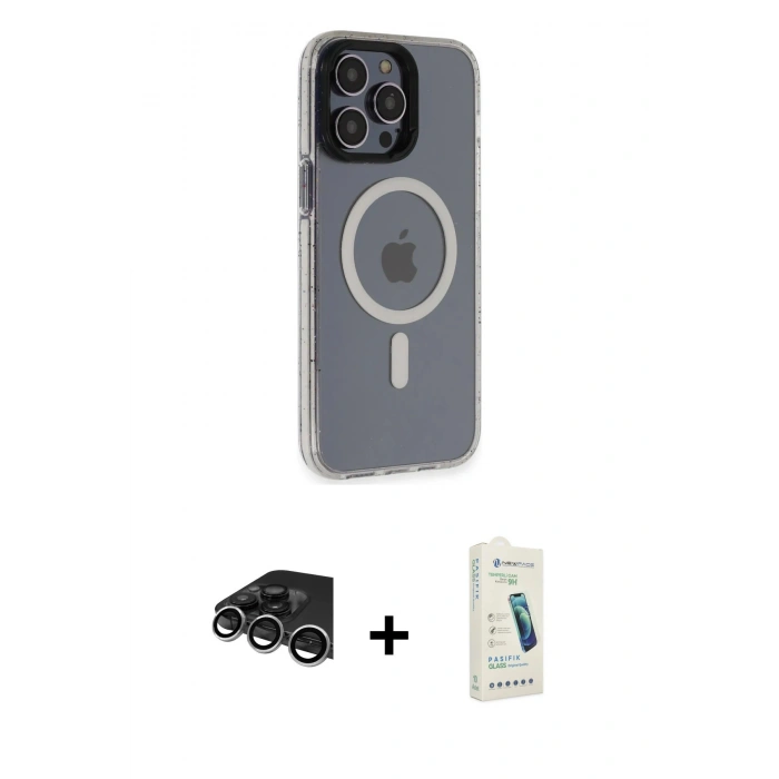 MARSİLYAN™- iPhone 14 Pro Max Kılıf Yankı Işık Prime - Şeffaf Pasifik Cam Ekran Koruyucu + Raze Metal Kamera Lens - GS