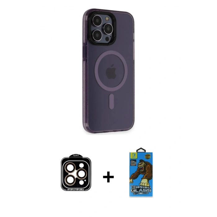 MARSİLYAN™- iPhone 14 Pro Max Kılıf Yankı Işık Prime - Siyah 18D Cam Ekran Koruyucu + PVD Metal Kamera Lens - TU