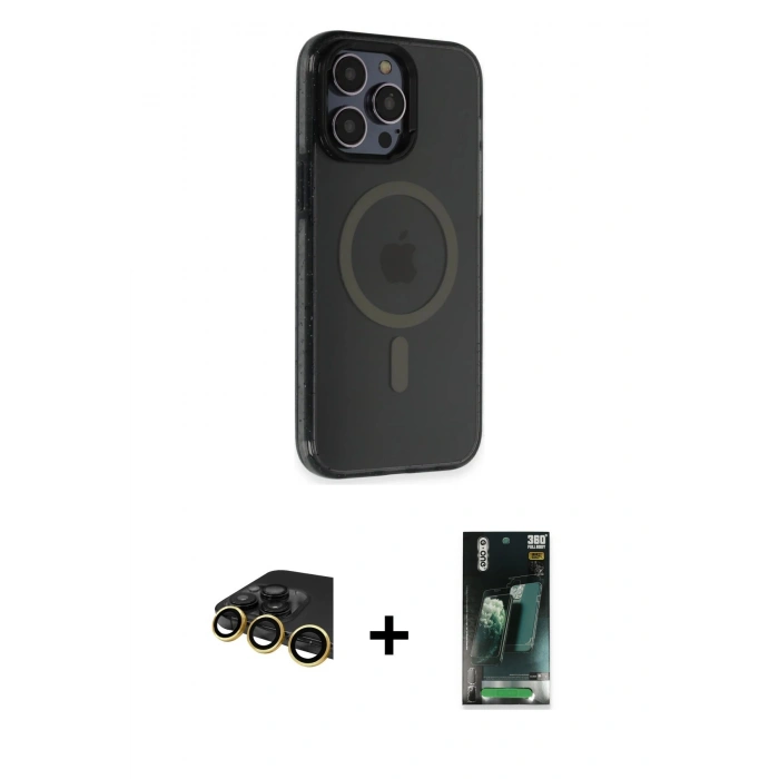 MARSİLYAN™- iPhone 14 Pro Max Kılıf Yankı Işık Prime - Siyah 360 Mat Full Body Arka Koruyucu + Raze Metal Kamera Lens - GD