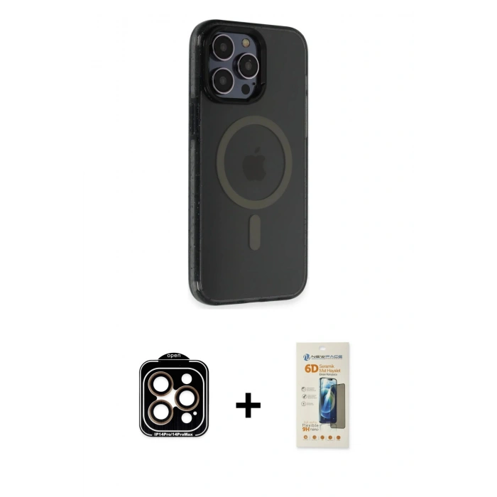 MARSİLYAN™- iPhone 14 Pro Max Kılıf Yankı Işık Prime - Siyah 6D Mat Seramik Hayalet Nano Ekran Koruyucu + PVD Metal Kamera Lens - TU