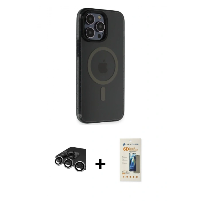 MARSİLYAN™- iPhone 14 Pro Max Kılıf Yankı Işık Prime - Siyah 6D Mat Seramik Hayalet Nano Ekran Koruyucu + Raze Metal Kamera Lens - GS