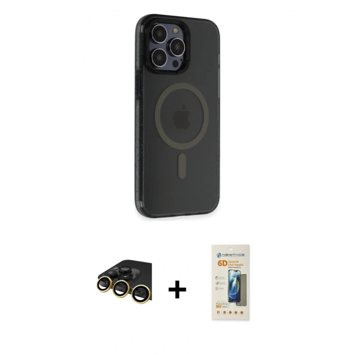 MARSİLYAN™- iPhone 14 Pro Max Kılıf Yankı Işık Prime - Siyah 6D Mat Seramik Hayalet Nano Ekran Koruyucu + Raze Metal Kamera Lens - GD