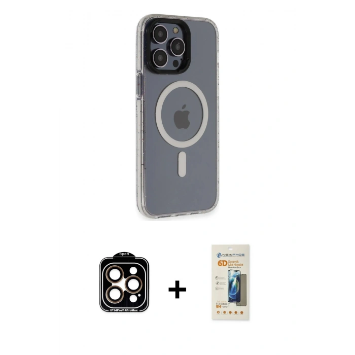 MARSİLYAN™- iPhone 14 Pro Max Kılıf Yankı Işık Prime - Siyah 6D Mat Seramik Hayalet Nano Ekran Koruyucu + PVD Metal Kamera Lens - TU