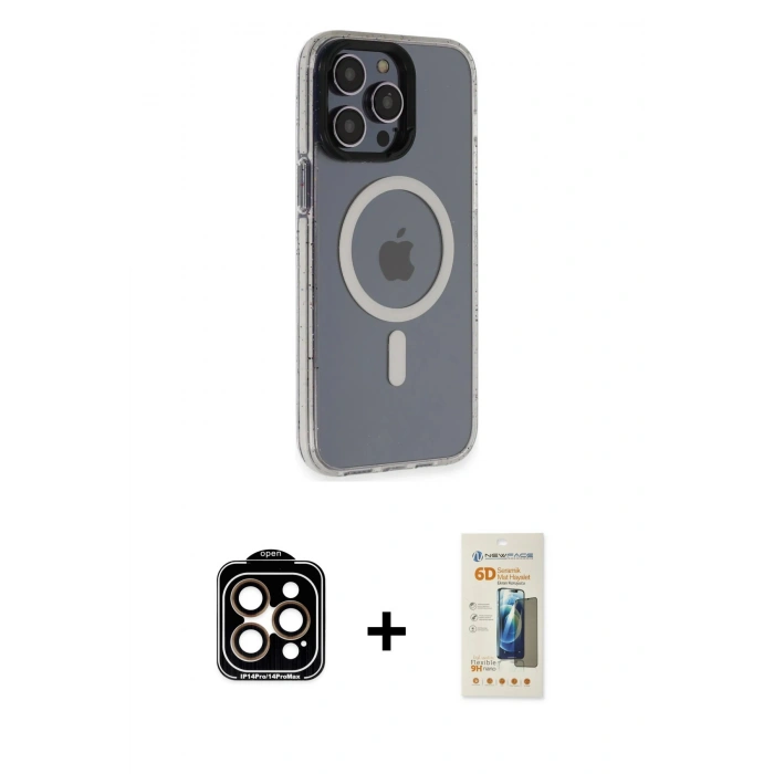 MARSİLYAN™- iPhone 14 Pro Max Kılıf Yankı Işık Prime - Siyah 6D Mat Seramik Hayalet Nano Ekran Koruyucu + PVD Metal Kamera Lens - TU