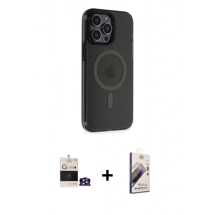 MARSİLYAN™- iPhone 14 Pro Max Kılıf Yankı Işık Prime - Siyah Bilvis 3D Mat Cam Ekran Koruyucu + Bilvis Titan Kamera Lens - GS