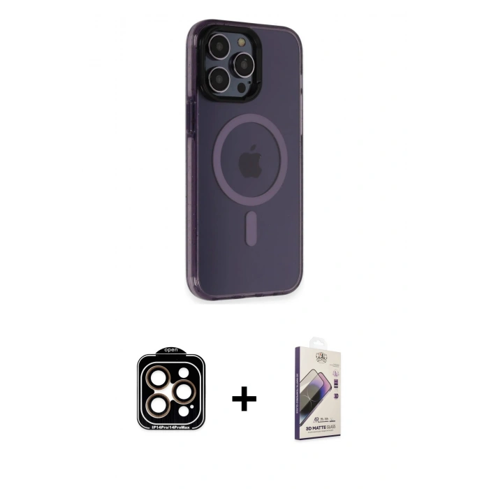 MARSİLYAN™- iPhone 14 Pro Max Kılıf Yankı Işık Prime - Siyah Bilvis 3D Mat Cam Ekran Koruyucu + PVD Metal Kamera Lens - TU