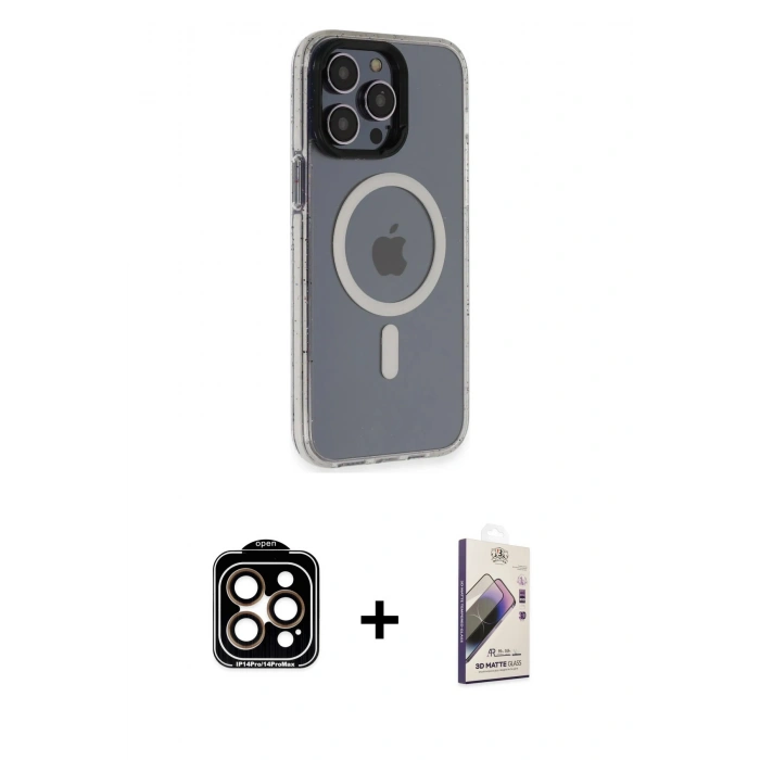 MARSİLYAN™- iPhone 14 Pro Max Kılıf Yankı Işık Prime - Siyah Bilvis 3D Mat Cam Ekran Koruyucu + PVD Metal Kamera Lens - TU